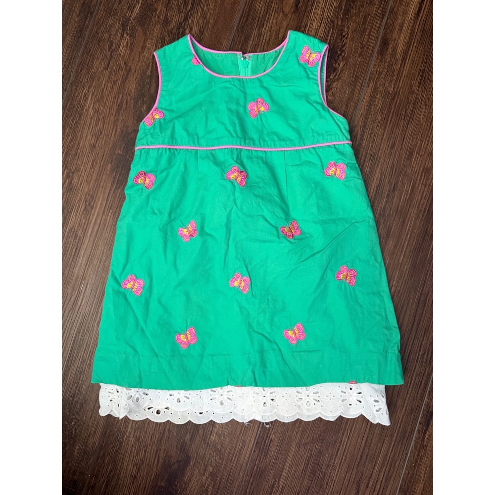 Vintage Lilly Pulitzer 2T Green Butterfly Embroidered Eyelet Shift Dress